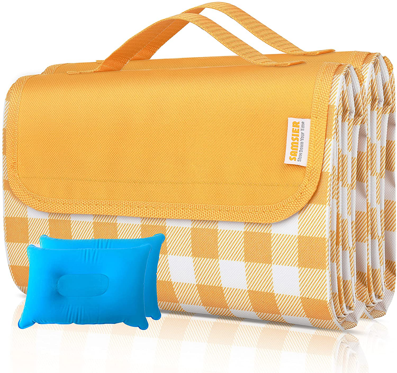 Large Outdoor Picnic Blankets Waterproof Foldable Washable, 60"×80" Portable Beach Camping Mat (Yellow) Home & Garden > Lawn & Garden > Outdoor Living > Outdoor Blankets > Picnic Blankets SAMSIER Yellow-and-whtie (2)  