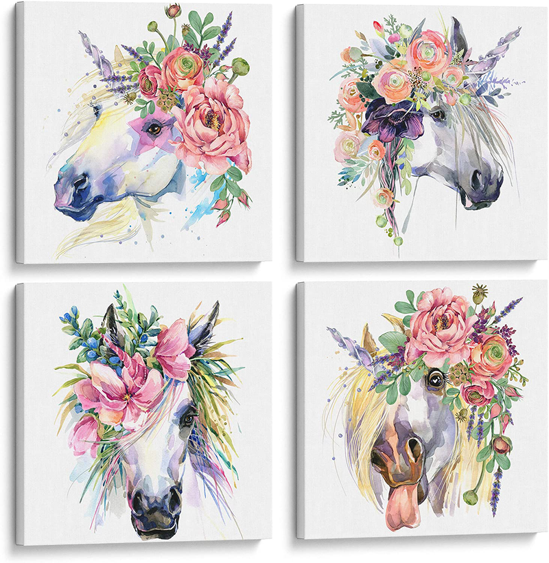 Something Unicorn - Stretched/Framed, Ready to Hang Canvas Wall Art for Girl's Bedroom. Super Cute Water Color Unicorn Prints for Teens or Girls Bedroom Decor. Set of 4. 12x12in - Floral Unicorn Home & Garden > Decor > Seasonal & Holiday Decorations Something Unicorn Default Title  