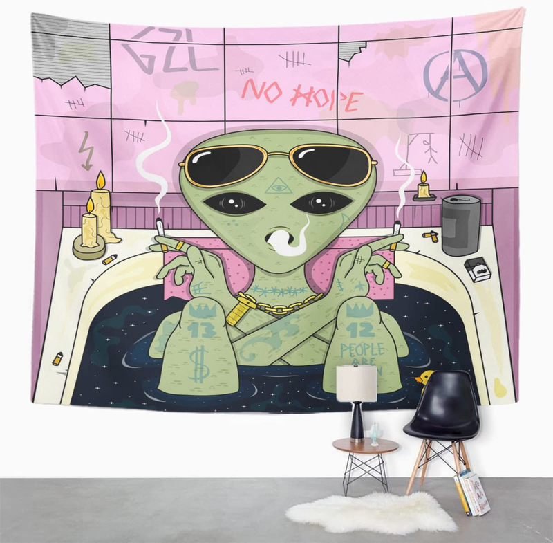 Emvency Tapestry Trippy Stoner Weed Alien Smoke and Chill in Bath Aesthetic Cigarette Glasses Home Decor Wall Hanging for Living Room Bedroom Dorm 60x80 Inches Home & Garden > Decor > Artwork > Decorative Tapestries Emvency   