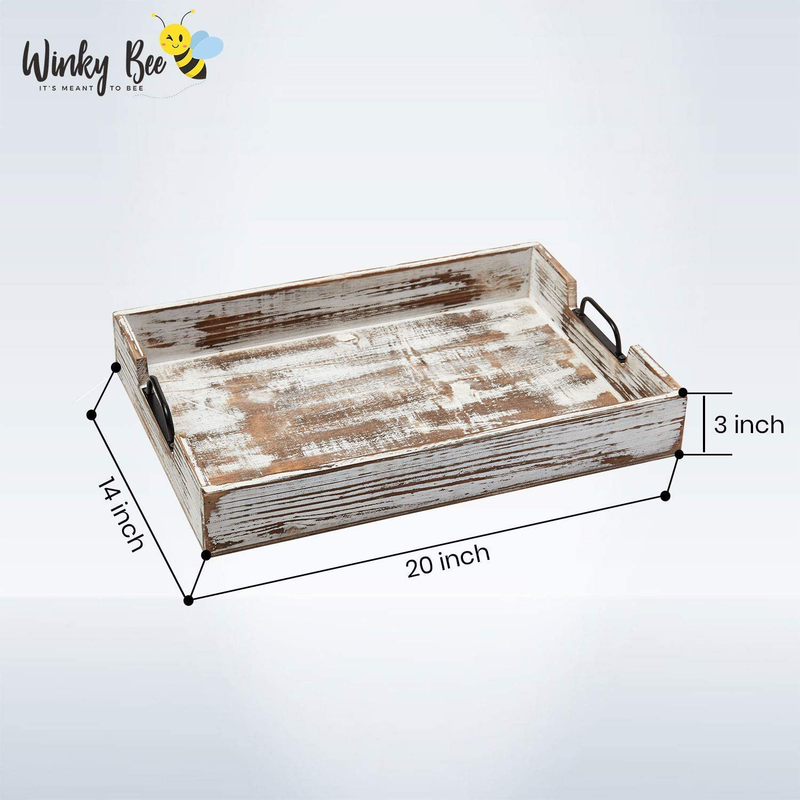 Home Decor Farmhouse Wooden Serving Tray- with Metal Handles, Distressed White, Extra Large 20 x 14 inch