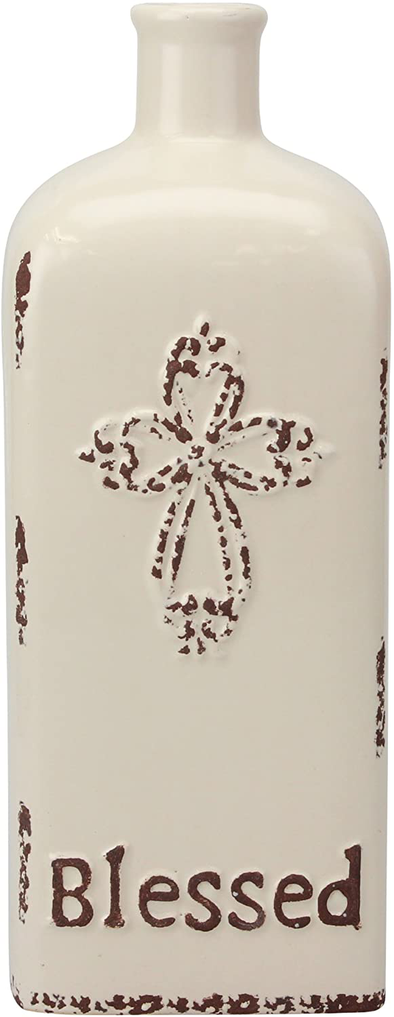 Stonebriar Decorative 12” Worn White Ceramic Bottle with Cross Detail, French Country Home Decor Accents, Vintage Vase Decoration for Dried or Artificial Flowers Home & Garden > Decor > Vases Stonebriar Default Title  