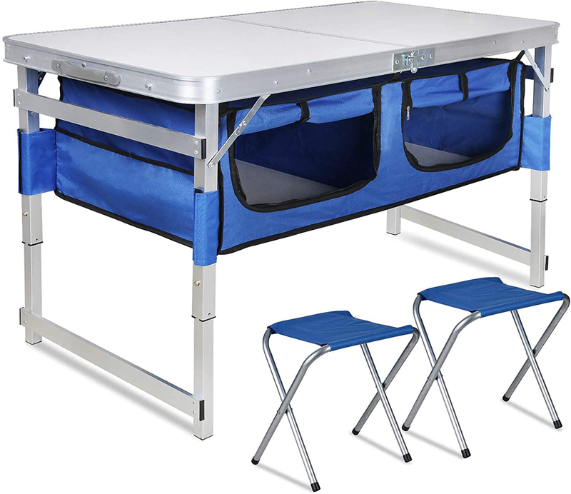 Folding Camping Table with Storage - Portable Outdoor Aluminum Picnic Tables with Organizer and 2 Chairs, 3 Adjustable Heights, Lightweight Dining Table for Camp Beach Party BBQ