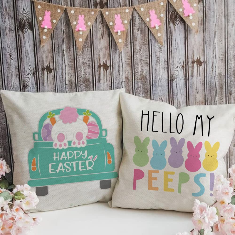 Easter Pillow Covers 18X18 Set of 4 Easter Decorations for Home Bunny Truck Hello Peeps Hip Hop Pillows Easter Decorative Throw Pillows Spring Easter Farmhouse Decor A477-18