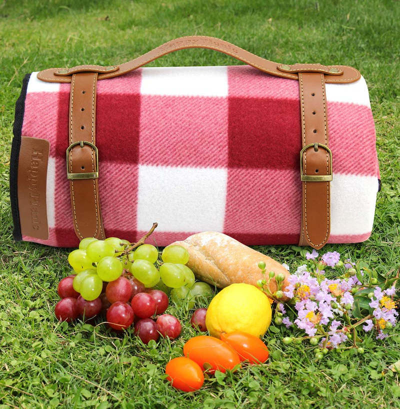 Extra Large Picnic Blanket, 79" x 59" Soft Fleece Thick Beach Mat with PU Carrier and Waterproof Backing, Family Outdoor Travel Camping Rug, Portable, Light Weight and Sand-Proof - Red Check Home & Garden > Lawn & Garden > Outdoor Living > Outdoor Blankets > Picnic Blankets HappyPicnic   