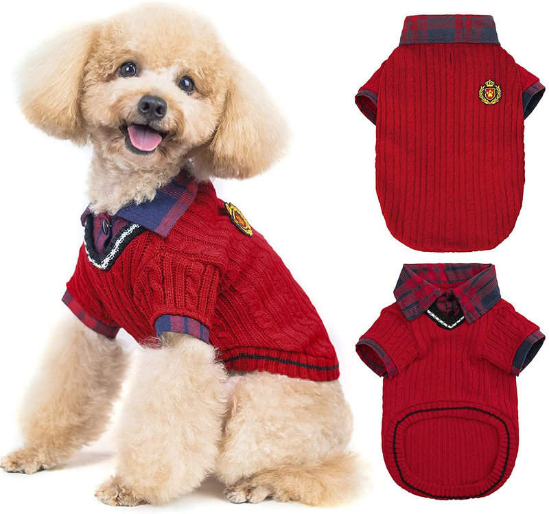 PUPTECK Soft Warm Dog Sweater Cute Knitted Dog Winter Clothes Classic Plaid British Style Dog Coats for Small Medium Dogs Animals & Pet Supplies > Pet Supplies > Dog Supplies > Dog Apparel PUPTECK Red SM: chest girth: 19", back length: 14" 
