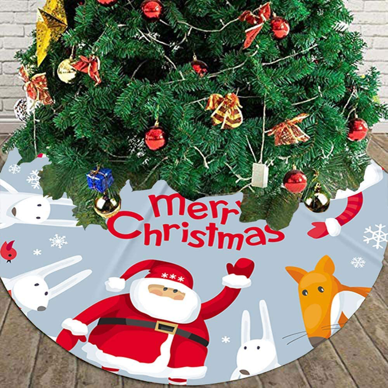 KIOAO Tree Skirt Christmas Decorations Merry Christmas Tree Skirt Christmas Greeting Card Santa Funny Cartoon Animals Elk Deer Fox 48 Inches Christmas Tree Skirt for Holiday Tree Skirt for Winter
