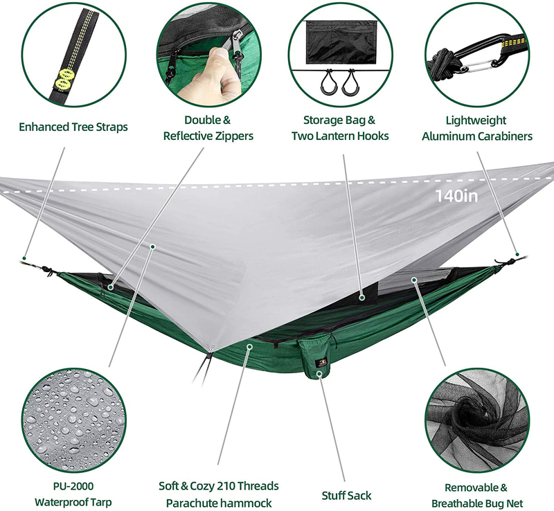 Single Double Person Camping Hammock Tent with Mosquito Netting and Rainfly Tarp - Portable Lightweight Parachute Nylon Backpacking Hammocks Set with Tree Straps, Outdoor Survival Hiking Travel, Green Sporting Goods > Outdoor Recreation > Camping & Hiking > Tent Accessories LEADVENST   