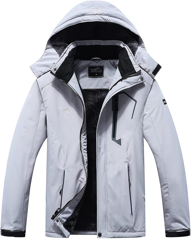 Pooluly Men's Ski Jacket Warm Winter Waterproof Windbreaker Hooded Raincoat Snowboarding Jackets  Pooluly Light Gray Large 