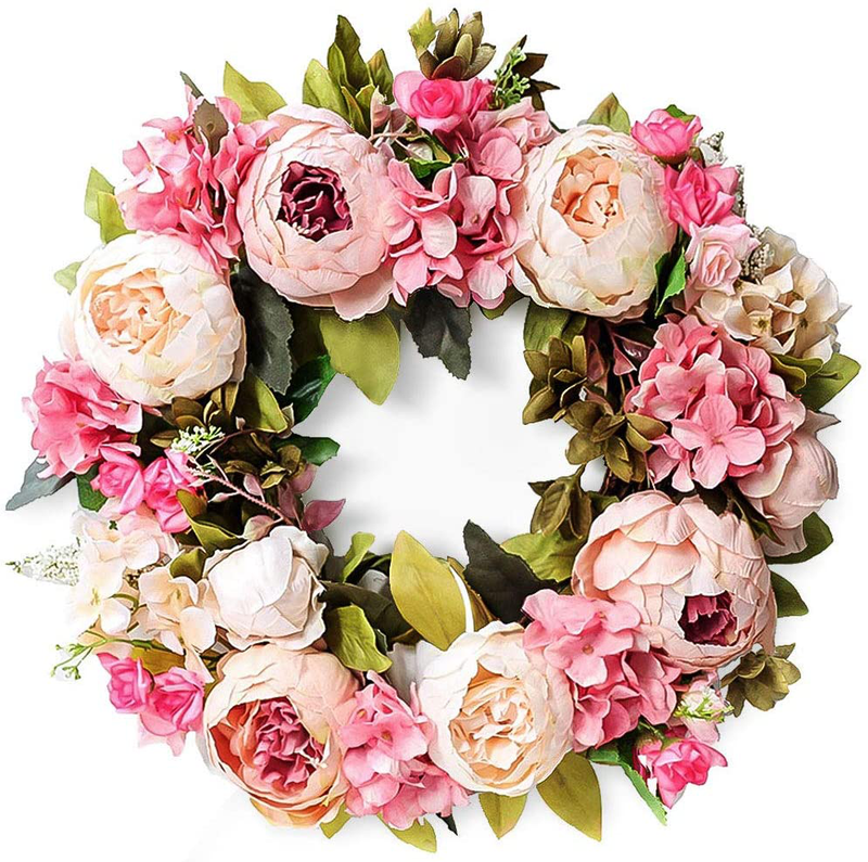 LASPERAL Peony Wreath - 15" Flower Wreaths for Front Door Peonies Wreath with Green Leaves Spring Wreath for Halloween, Christmas, Wedding, Wall, Home Decor Home & Garden > Plants > Flowers LASPERAL Pink  