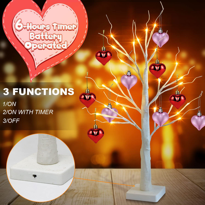 Fastdeng 2FT White Valentines Tree - Prelit Birch Tree with 10 Pink & Red Heart-Shaped Ornaments, 24 Warm White LED, Battery Operated Tabletop Lamp, 6-Hours Timer, for Christmas Decor, Mother'S Day Home & Garden > Decor > Seasonal & Holiday Decorations FastDeng   