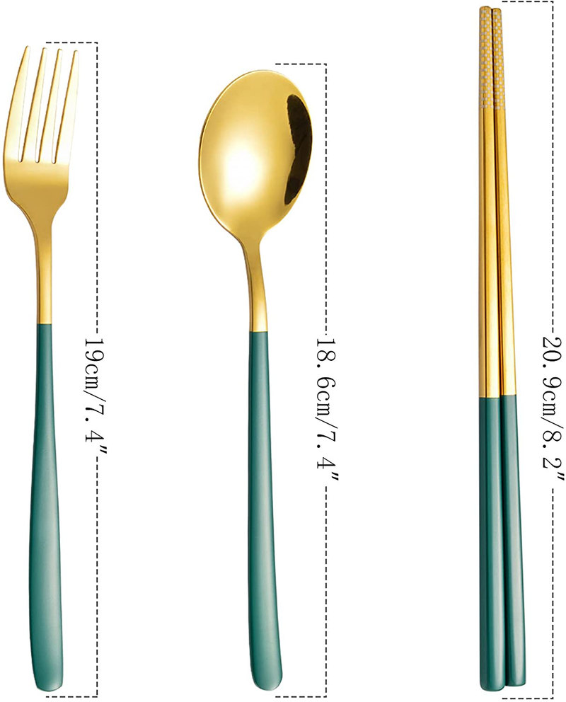 Portable Silverware Set Single Flatware with Case Reuseable Cutlery Spoon,Fork,Chopstick Stainless Steel To Go Utensils for Lunch,Travel,Camp (Green Gold) Home & Garden > Kitchen & Dining > Tableware > Flatware > Flatware Sets Rasback   