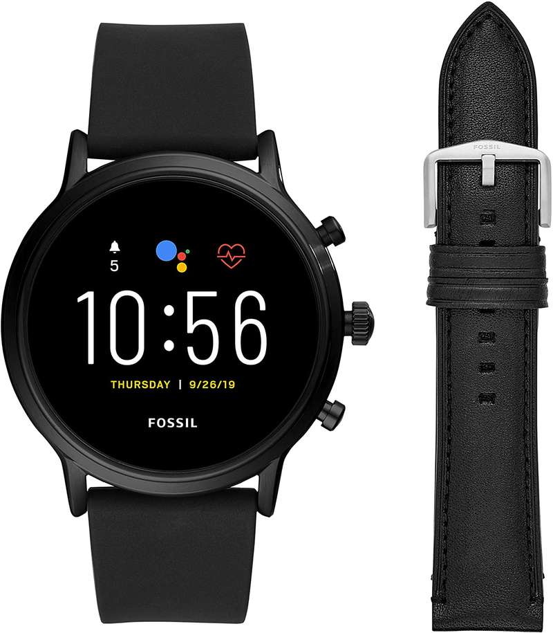 Fossil Gen 5 Carlyle Stainless Steel Touchscreen Smartwatch with Speaker, Heart Rate, GPS, Contactless Payments, and Smartphone Notifications Apparel & Accessories > Jewelry > Watches Fossil Black Silicone + Leather Band  