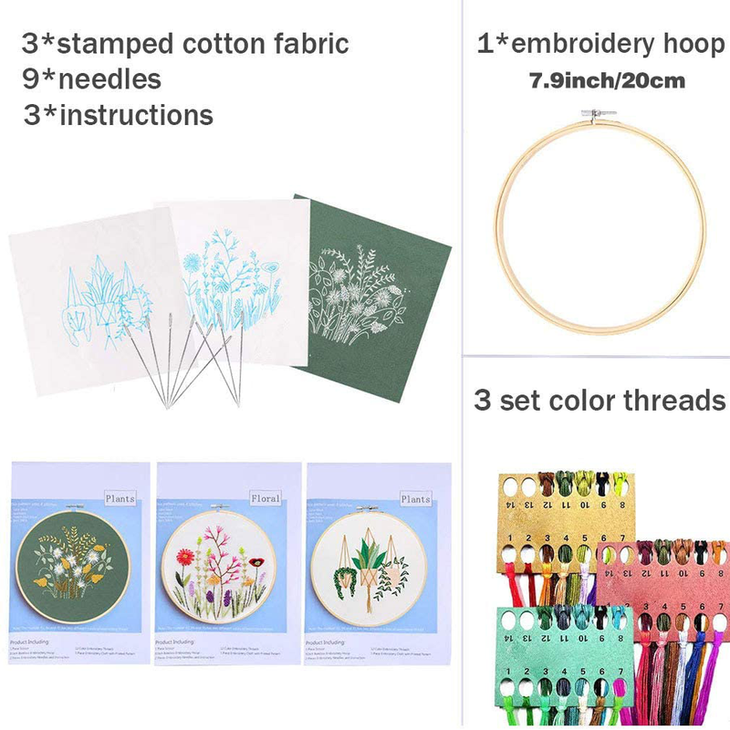 JUSHOOR 3 Sets Embroidery Starter Kit with Patterns, Full Range of Cross Stitch Kit Supplies for Beginners Adults Kids(Bamboo Hoop+Cloth+Tools) Arts & Entertainment > Hobbies & Creative Arts > Arts & Crafts > Art & Crafting Tools > Craft Measuring & Marking Tools > Stitch Markers & Counters peotue   