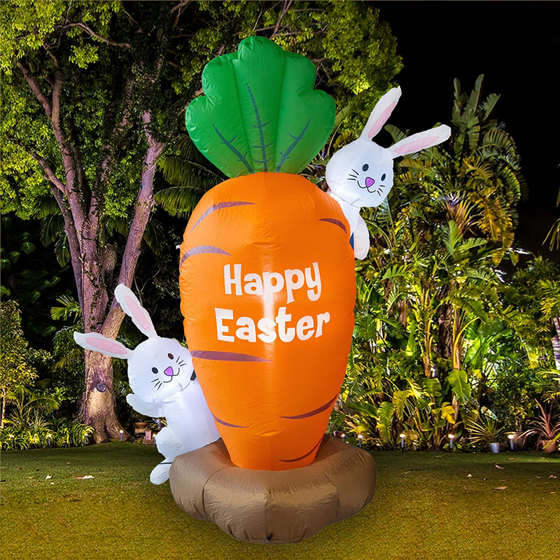 FUNPENY 5 Feet Inflatable Easter Day Decoration, Blow up Carrot with 2 Little Cute Rabbits Lighted Decor for Indoor Outdoor Lawn Yard