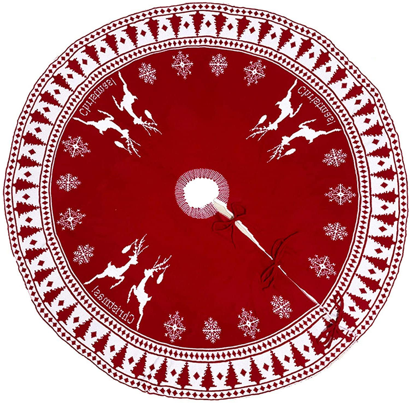 GSHOOTS Christmas Tree Skirt,37 Inch Red White Luxury Knitted Snowflakes/Elk/Cedar Xmas Tree Skirt for Christmas New Year Holiday Home Decorations Indoor Outdoor Ornament