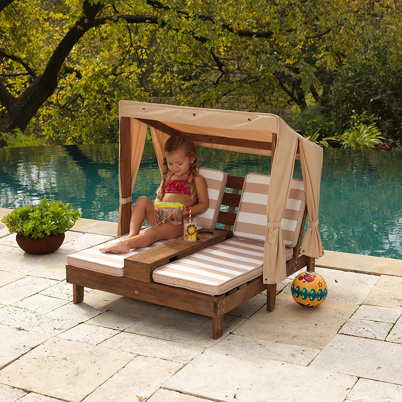 Kidkraft Wooden Outdoor Double Chaise Lounge with Cup Holders, Kid'S Patio Furniture, Gift for Ages 3+, Espresso with Oatmeal and White Striped Fabric, Gift for Ages 3-8 Sporting Goods > Outdoor Recreation > Camping & Hiking > Camp Furniture KidKraft   