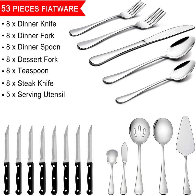 LIANYU 53-Piece Silverware Set with Steak Knives and Serving Utensils, Stainless Steel Flatware Cutlery Set Service for 8, Eating Utensil Set for Home Party Wedding, Dishwasher Safe, Mirror Finished Home & Garden > Kitchen & Dining > Tableware > Flatware > Flatware Sets LIANYU   