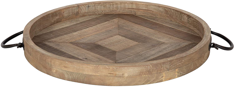 Kate and Laurel Marmora Rustic Round Decorative Tray with Pieced Wood Base and Black Metal Handles, 18-inch Diameter