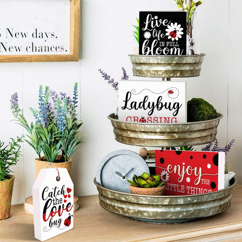 Huray Rayho Tiered Tray Decorations Ladybug Wooden Blocks Sign Modern Style For Home Farmhouse Rustic Ladybird Decor Kitchen Shelf Display Summer Holiday Party Favors Gifts (4 piece) Home & Garden > Decor > Decorative Trays Huray Rayho   