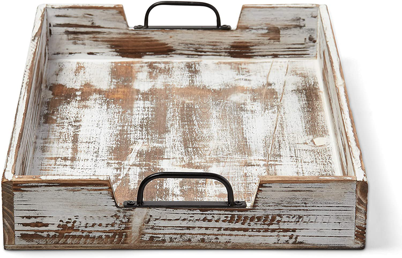 Home Decor Farmhouse Wooden Serving Tray- with Metal Handles, Distressed White, Extra Large 20 x 14 inch Home & Garden > Decor > Decorative Trays Winky Bee Default Title  