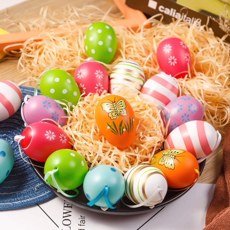 Easter Hanging Eggs, 24Pcs Multicolored Plastic Easter Egg Hanging Tree Ornament, Decorative Hand Painted Eggs DIY Crafts Ornaments with Various Style Stripes Dots Flowers for Easter Decoration Random Home & Garden > Decor > Seasonal & Holiday Decorations WhistenFla   