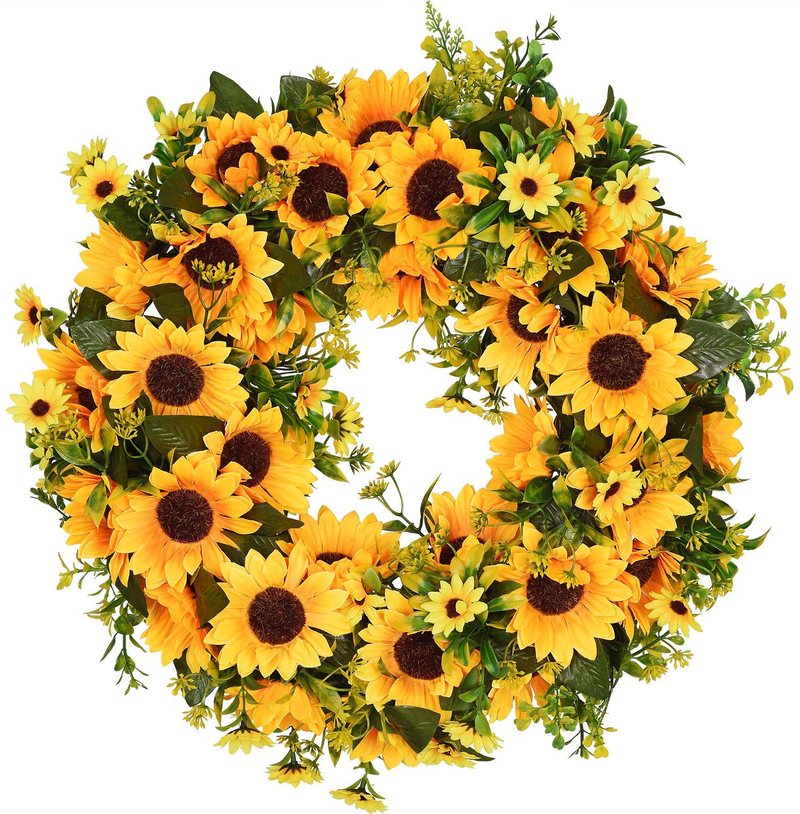 Lvydec Artificial Sunflower Summer Wreath - 16 Inch Decorative Fake Flower Wreath with Yellow Sunflower and Green Leaves for Front Door Indoor Wall Décor