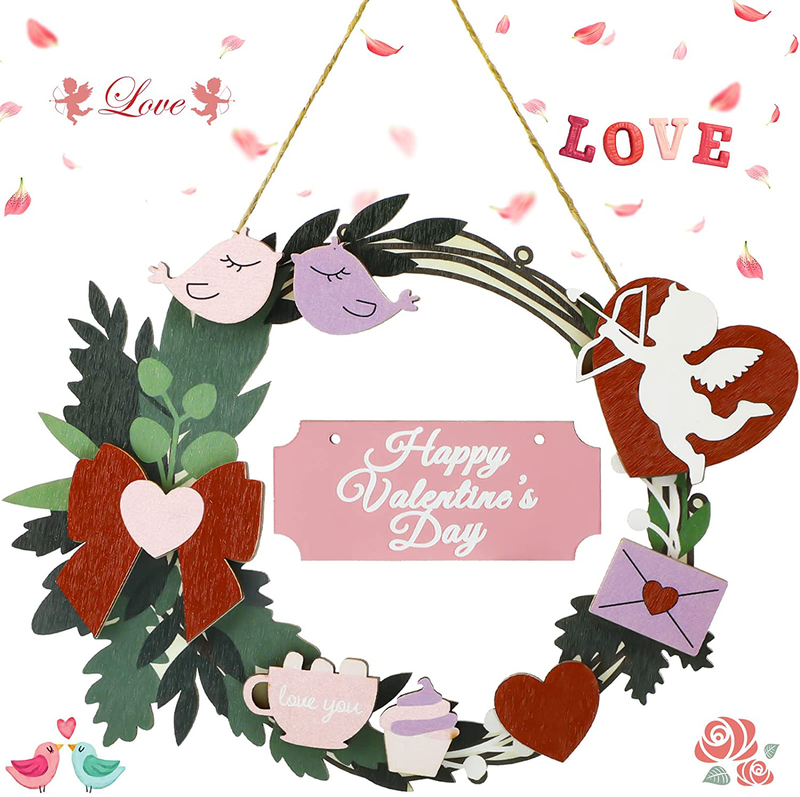 Happy Valentine'S Day Wreaths Wooden Leaves Wreaths Valentine Wooden Hanging Sign Decorations for Valentines Party Supplies Front Door Wall Decor Home & Garden > Decor > Seasonal & Holiday Decorations Qunclay   