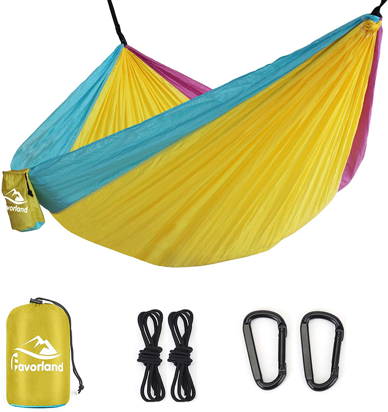 Favorland Camping Hammock Double & Single with Tree Straps for Hiking, Backpacking, Travel, Beach, Yard - 2 Persons Outdoor Indoor Lightweight & Portable with Straps & Steel Carabiners Nylon (Green) Home & Garden > Lawn & Garden > Outdoor Living > Hammocks Favorland Yellow-blue-pink Double 118''L x 79''W 