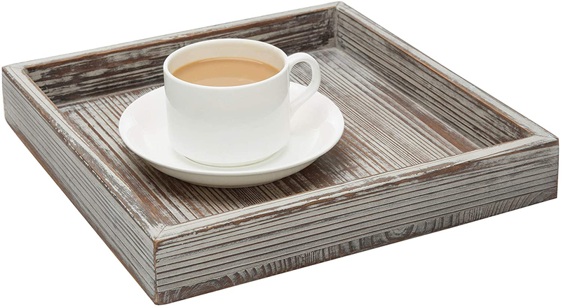 MyGift 10 inch Torched Wood Decorative Tray, Ottoman Coffee Table Accent