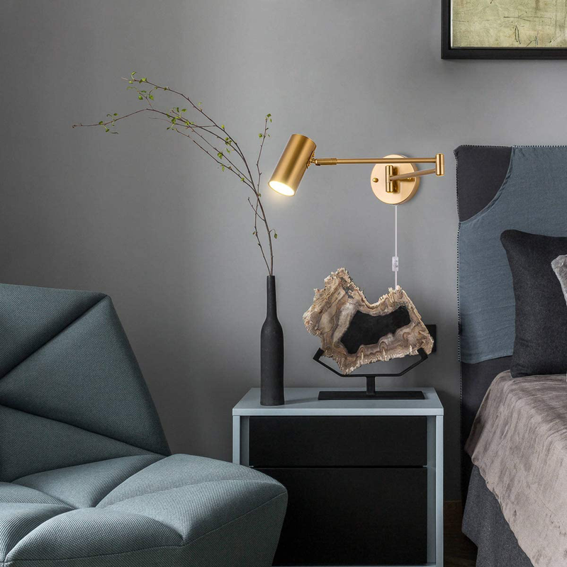 Swing Arm Plug in Wall Sconce Set of 2, Brass 4500K Neutral White Swivel Arm LED Wall Lighting for Bedroom Living Room