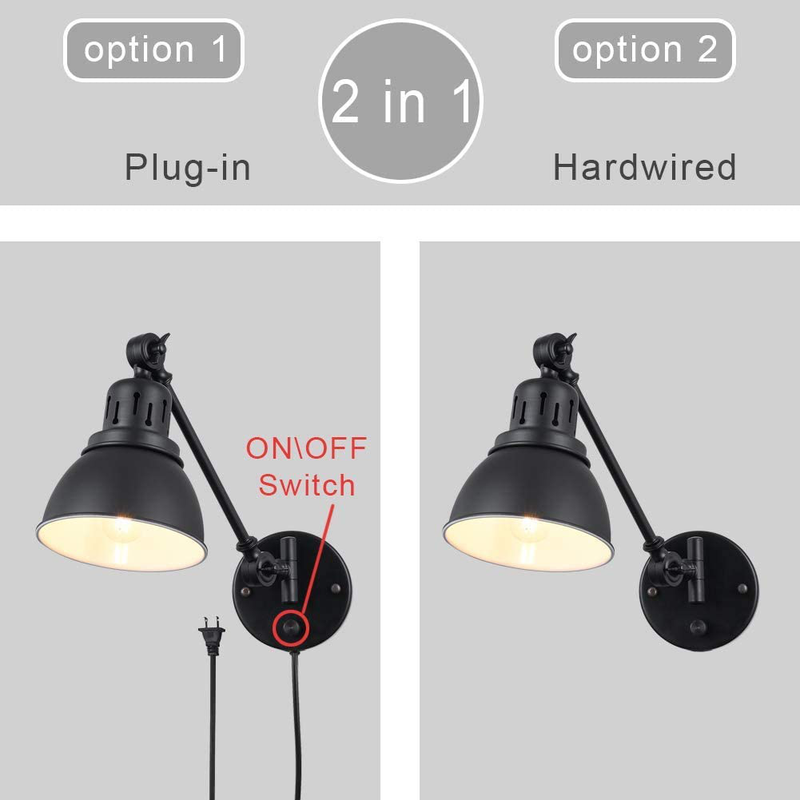 Plug in Wall Sconces Set of 2, Tausende Swing Arm Wall Lamp with Plug in Cord Industrial Black Wall Sconce Fixture with On/Off Switch Indoor Wall Mounted Reading Lighting Fixture for Bedroom Bedside
