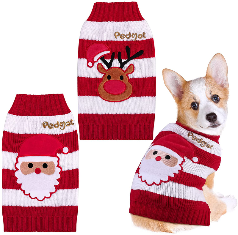 Pedgot 2 Pack Pet Christmas Sweaters Dog Holiday Sweater Striped Dog Sweaters Puppy Clothing Red and White Striped Pet Winter Knitwear Pet Warm Clothes Animals & Pet Supplies > Pet Supplies > Cat Supplies > Cat Apparel Pedgot Reindeer, Santa Medium 