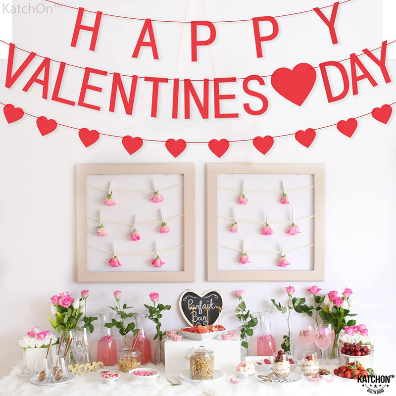 Happy Valentines Day Banner with Heart Garland - Felt Strings | Red Valentines Day Fireplace Decor | Happy Valentines Day Sign for Romantic Heart Decorations | Hanging Garland Valentines Decoration Home & Garden > Decor > Seasonal & Holiday Decorations KatchOn   