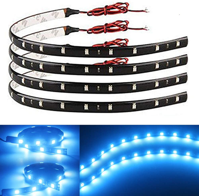 EverBright 4-Pack Red 30CM 5050 12-SMD DC 12V Flexible LED Strip Light Waterproof Car Motorcycles Decoration Light Interior Exterior Bulbs Vehicle DRL Day Running with Built-in 3M Tape  YM E-Bright Ice Blue  