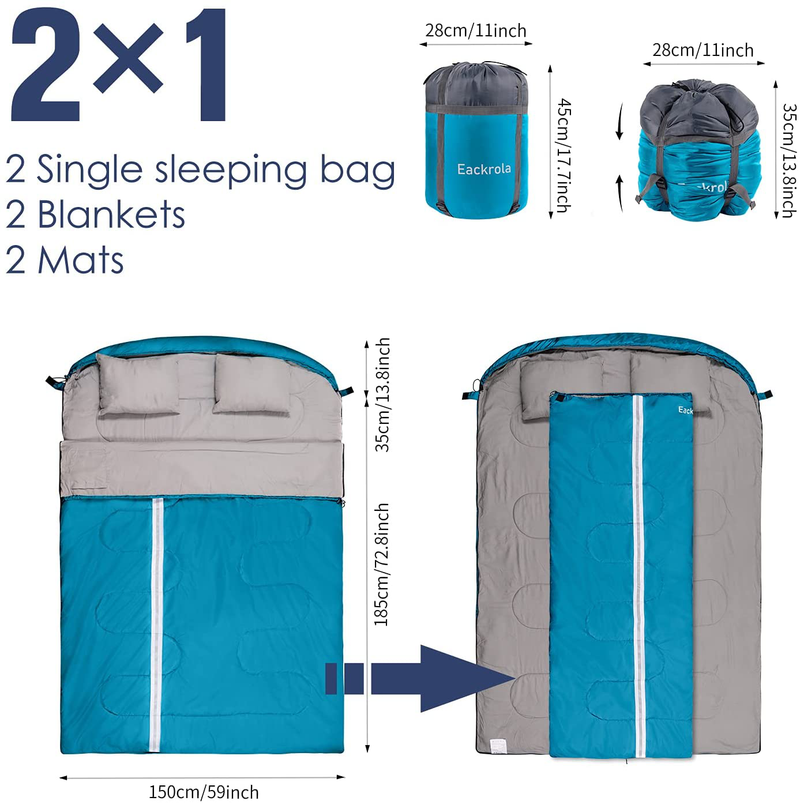Double Sleeping Bags for Adults 3 Season Warm Cold Weather for Family Camping, Backpacking or Hiking, 2 Peason Outdoor Waterproof Lightweight Sleeping Bag with Pillow, Compression Sack Included