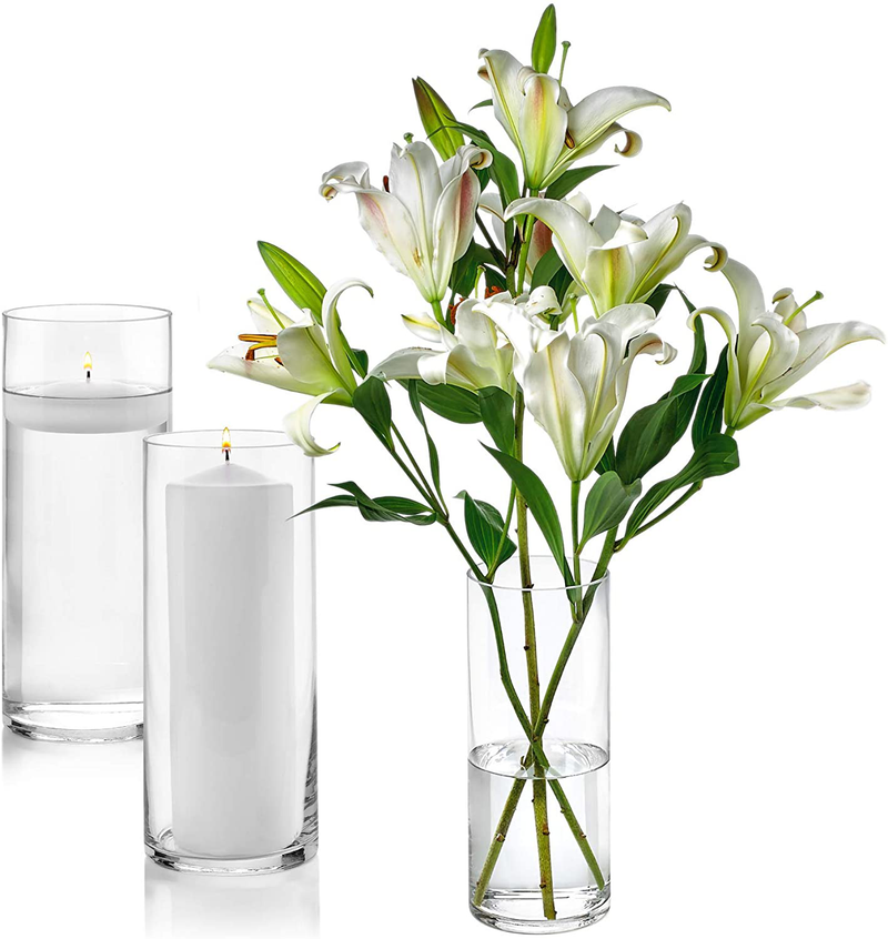 Set of 3 Glass Cylinder Vases 10 Inch Tall - Multi-use: Pillar Candle, Floating Candles Holders or Flower Vase – Perfect as a Wedding Centerpieces Home & Garden > Decor > Vases PARNOO   