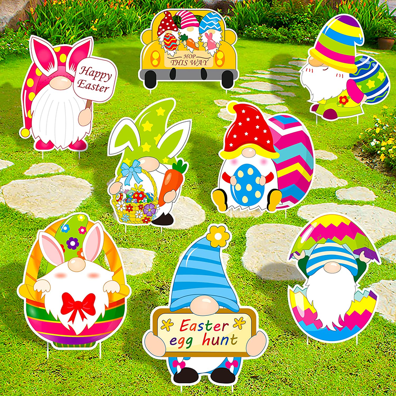 Luck Sea 8PCS Easter Decorations Gnomes Yard Signs Stakes - Bunny Eggs Hunt Basket Lawn Outdoor Party Decor Ornaments