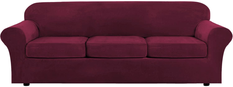 Modern Velvet Plush 4 Piece High Stretch Sofa Slipcover Strap Sofa Cover Furniture Protector Form Fit Luxury Thick Velvet Sofa Cover for 3 Cushion Couch, Machine Washable(Sofa,Gray) Home & Garden > Decor > Chair & Sofa Cushions H.VERSAILTEX Wine/Burgundy X-Large 