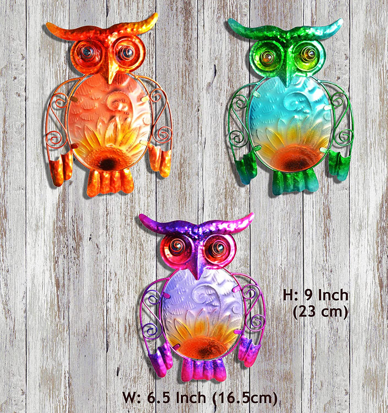 ShabbyDecor Stained Glass Metal Owl Wall Hanging Scluture for Garden,Patio,Living Room,Dining Room Wall Decor Set of 3