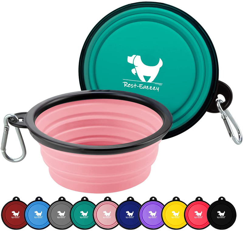 Rest-Eazzzy Expandable Dog Bowls for Travel, 2-Pack Dog Portable Water Bowl for Dogs Cats Pet Foldable Feeding Watering Dish for Traveling Camping Walking with 2 Carabiners, BPA Free  Rest-Eazzzy green&pink S 