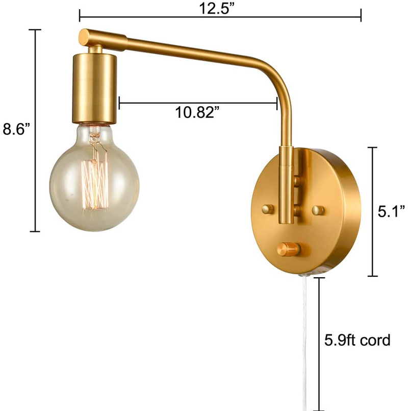 DANSEER Edison Brass Wall Sconces Set of Two Sconce Plug in with Switch Swing Arm Home & Garden > Lighting > Lighting Fixtures > Wall Light Fixtures KOL DEALS   