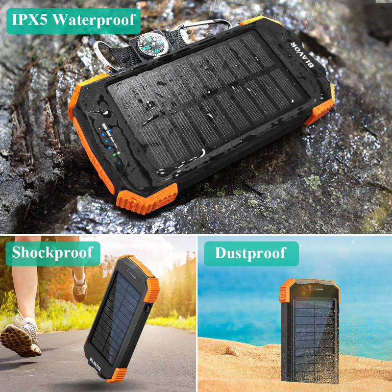Solar Power Bank, Qi Portable Charger 10,000Mah External Battery Pack Type C Input Port Dual Flashlight, Compass, Solar Panel Charging (Orange) Sporting Goods > Outdoor Recreation > Camping & Hiking > Camping Tools BLAVOR   