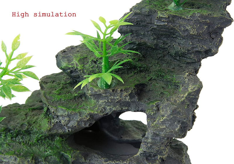 FEDOUR Aquarium Mountain View Stone Ornament, Moss Tree Rock Cave Landscape Artificial Fish Tank Decoration, with 6pcs Plants Animals & Pet Supplies > Pet Supplies > Fish Supplies > Aquarium Decor Haise   