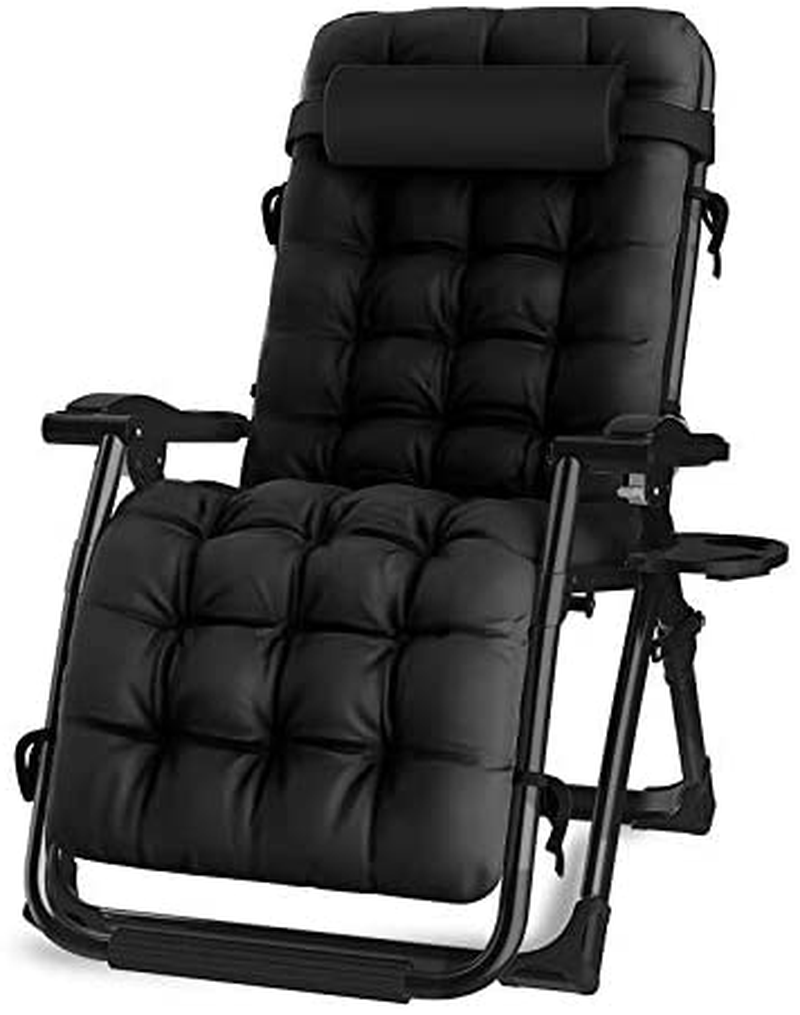 Oversized Zero Gravity Chair, Lawn Recliner, Reclining Patio Lounger Chair, Folding Portable Chaise, with Detachable Soft Cushion, Cup Holder, Adjustable Headrest, Support 500 Lbs. (Black Cushion) Sporting Goods > Outdoor Recreation > Camping & Hiking > Camp Furniture KINGBO Black 77" L x 24" W 