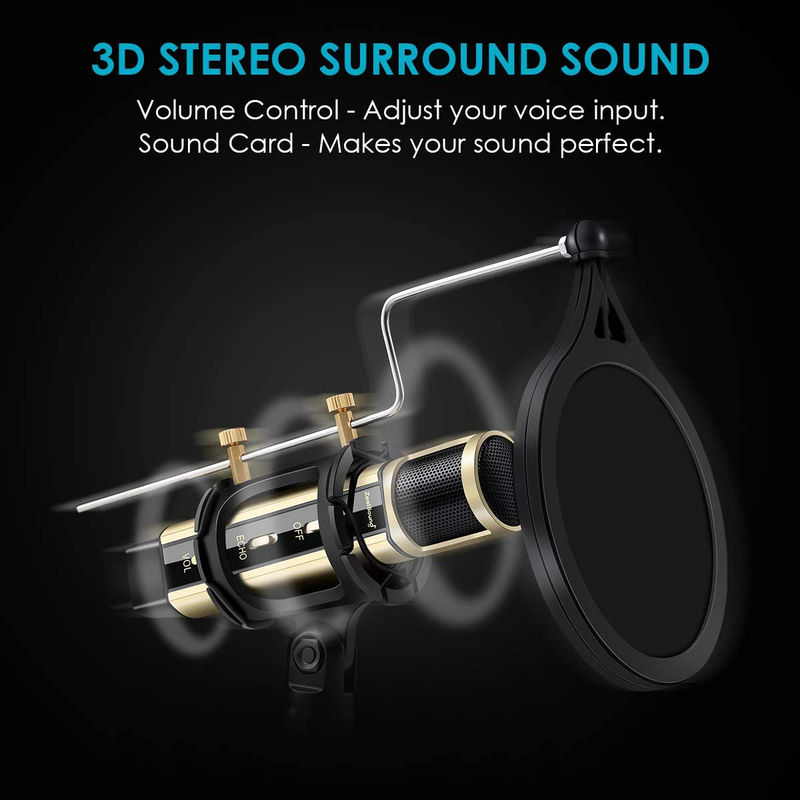 Studio Recording Microphone, ZealSound Condenser Broadcast Microphone w/Stand Built-in Sound Card Echo Recording Karaoke Singing for Phone Computer PC Garageband Smule Live Stream & YouTube (Gold) Electronics > Audio > Audio Components > Microphones ZealSound   