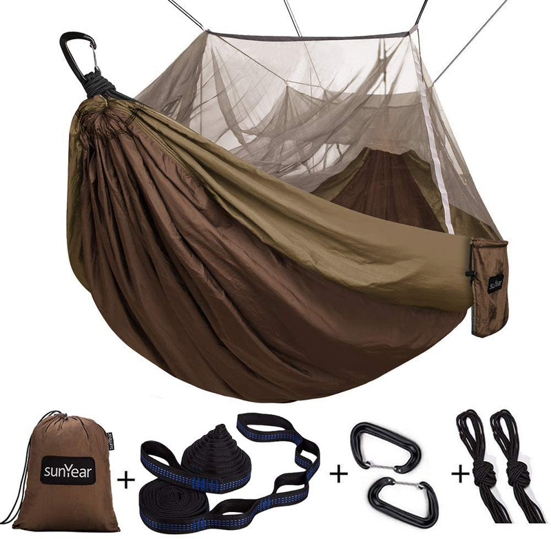 Sunyear Single & Double Camping Hammock with Net, Portable Outdoor Tree Hammock 2 Person Hammock for Camping Backpacking Survival Travel, 10ft Hammock Tree Straps and 2 Carabiners, Easy to Setup Home & Garden > Lawn & Garden > Outdoor Living > Hammocks Sunyear Khahi/Coffee 78"W*118"L 