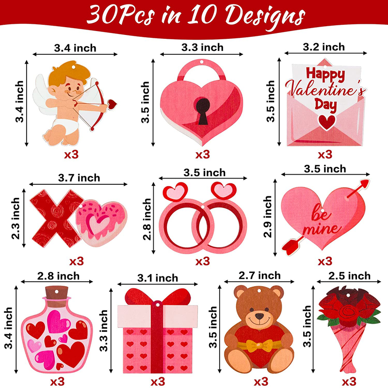 Haooryx 31Pcs Valentines Wooden Ornaments Hanging Decorations, Heart Teddy Bear Cupid Shaped Wood Craft Valentines Elements Wooden Pendant Tags with Rope for Valentine’S Day Party Gift Wedding Decor
