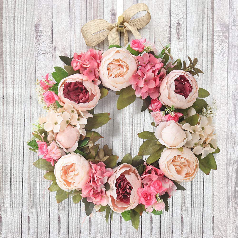 LASPERAL Peony Wreath - 15" Flower Wreaths for Front Door Peonies Wreath with Green Leaves Spring Wreath for Halloween, Christmas, Wedding, Wall, Home Decor Home & Garden > Plants > Flowers LASPERAL   