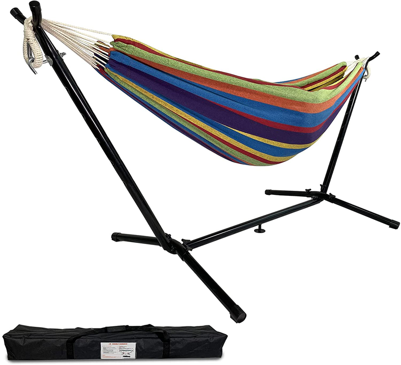 Highwild Double Hammock with Space Saving Steel Stand - Max 600 Lbs - 2 Person Adjustable Cotton Hammock Includes Portable Carrying Bag(Blue/Purple) Home & Garden > Lawn & Garden > Outdoor Living > Hammocks Highwild B- Blue/Purple  