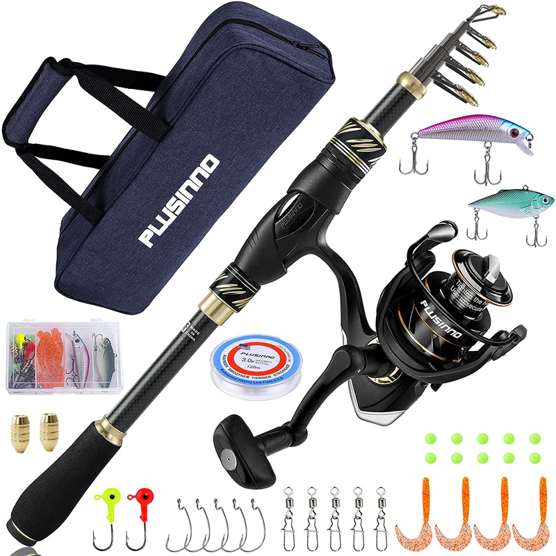 PLUSINNO Fishing Rod and Reel Combos Carbon Fiber Telescopic Fishing Pole with Spinning Reels Sea Saltwater Freshwater Kit Fishing Rod Kit Sporting Goods > Outdoor Recreation > Fishing > Fishing Rods PLUSINNO Full Kit with Carrier Case 1.98m 6.6Ft 